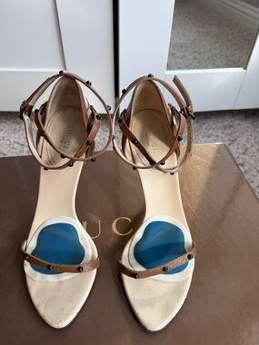 Authentic Gucci Brown Leather Monogram Ankle-Strap Heels size 7.5